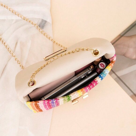 Multicolor Casual Women's Chain Shoulder Bag Small Square Woven Colorful Bag - Picture 5 of 5